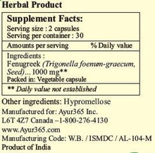 Load image into Gallery viewer, Ayur365 Fenugreek Capsules - Supports Healthy Glucose Levels, Improves Digestion & Reduce elevated Cholesterol levels 60 ct.