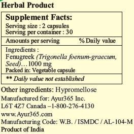 Ayur365 Fenugreek Capsules For Lactating Mothers 60 ct. to Promote Breast Millk Production
